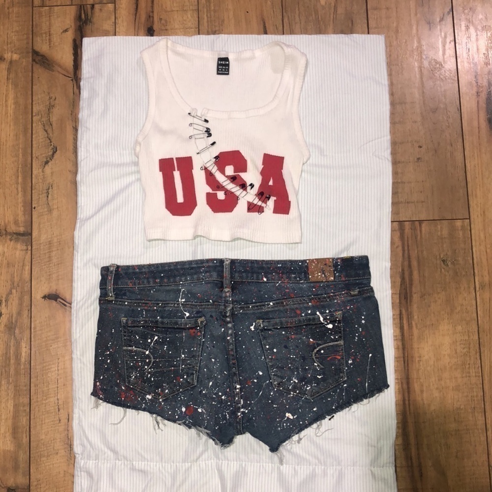 SHEIN Pin Front Letter Graphic Crop Tank Top and AEO Jean Shirties